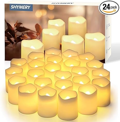 SHYMERY Flameless Votive Candles,Flameless Flickering Electric Fake Candle,24 Pack 200+Hour Battery Operated LED Tea Lights in Warm White for Wedding, Table, Halloween,Christmas Decorations 1.5"X1.7"