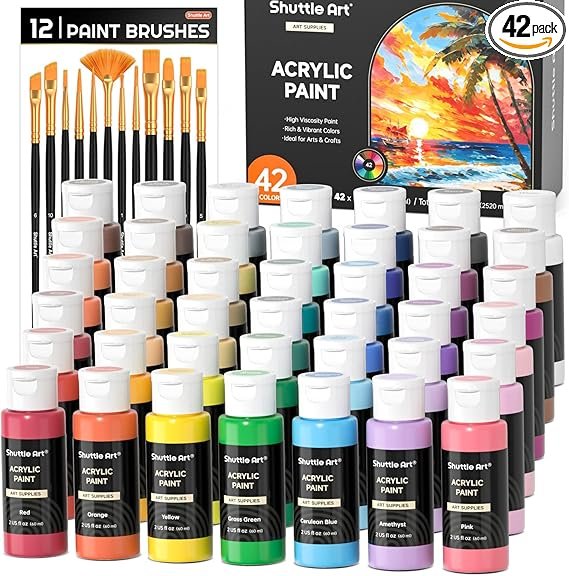 Shuttle Art Acrylic Paint, 42 Colors Acrylic Paint Set with 12 Paint Brushes, 2oz/60ml Bottles, Rich Pigmented, Water Proof, Premium Paints for Artists, Beginners and Kids on Canvas Rocks Wood Ceramic