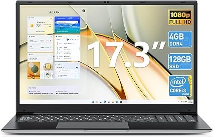 Laptop, 17.3 Inch Laptops Computer, 4GB DDR3 128GB SSD Notebook with Celeron i3-5005U CPU(up to 2.0 GHz), Expandable 1TB, 8000mAh, Webcam, Mini HDMI, USB3.2 * 2, Type-C(Slim)